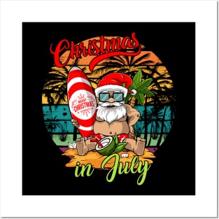 Christmas in July Santa Hawaiian Summer Surf Surfing Surfer Posters and Art